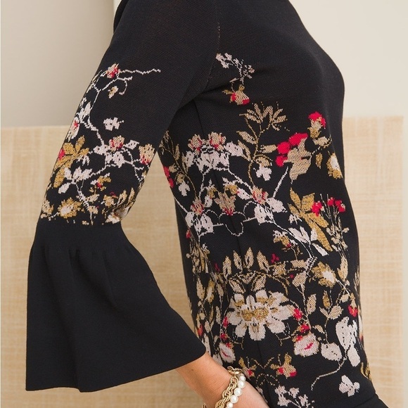 Chico’s Floral Bird Print Bell Sleeve Black Sweater - Large - Picture 7 of 14